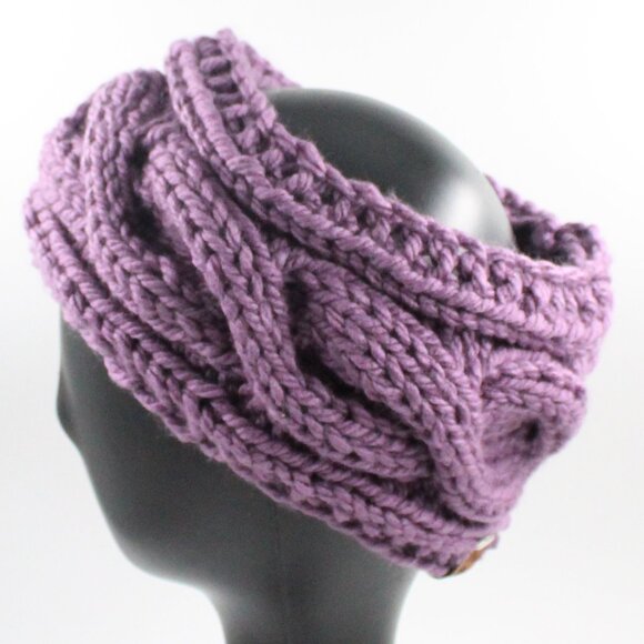 Handmade Hand Knit Chunky Cable Knit Acrylic Grape Purple Ear Warmer Headband - Picture 3 of 7